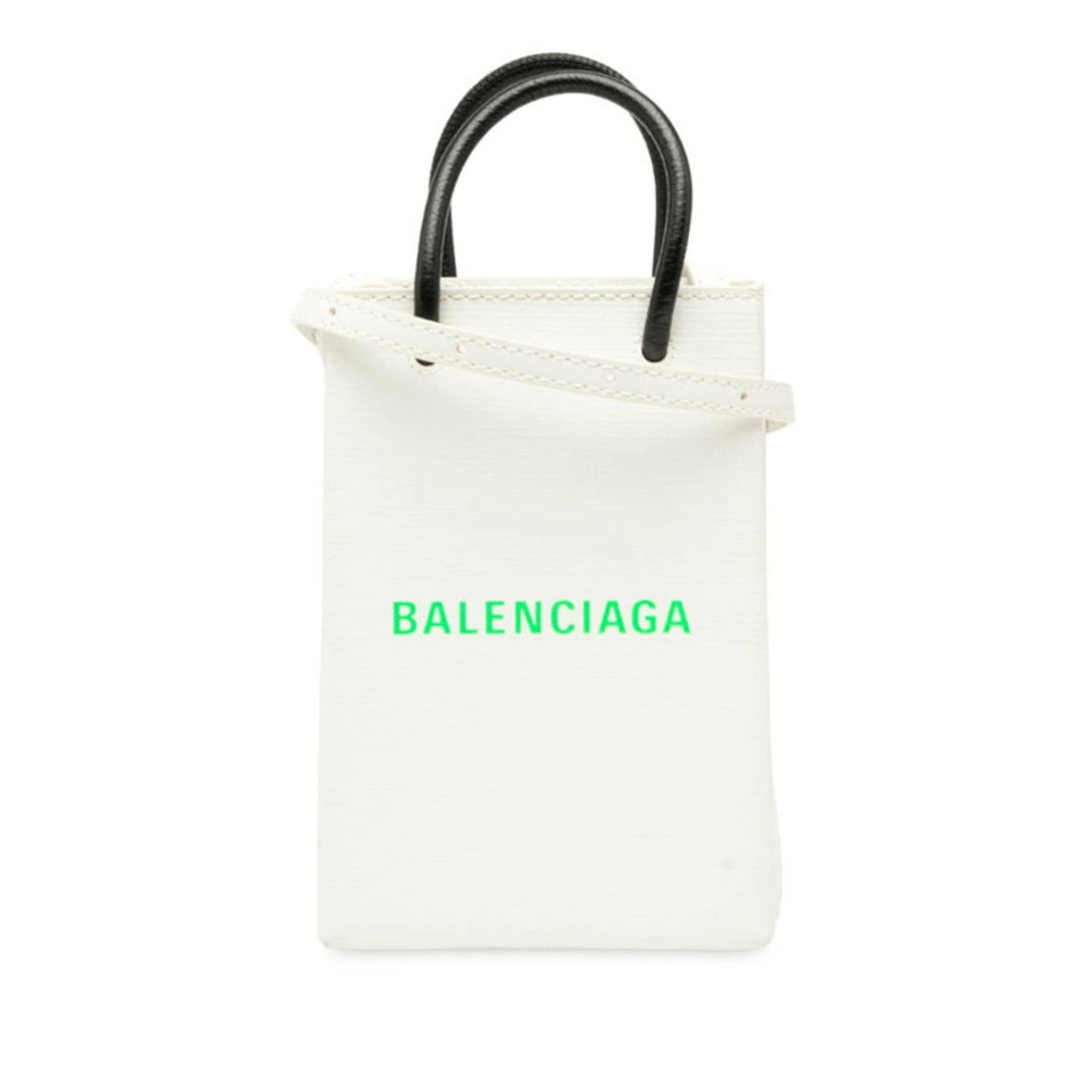 Balenciaga Shopping Phone Holder Handbag Shoulder Bag White Green Black Leather